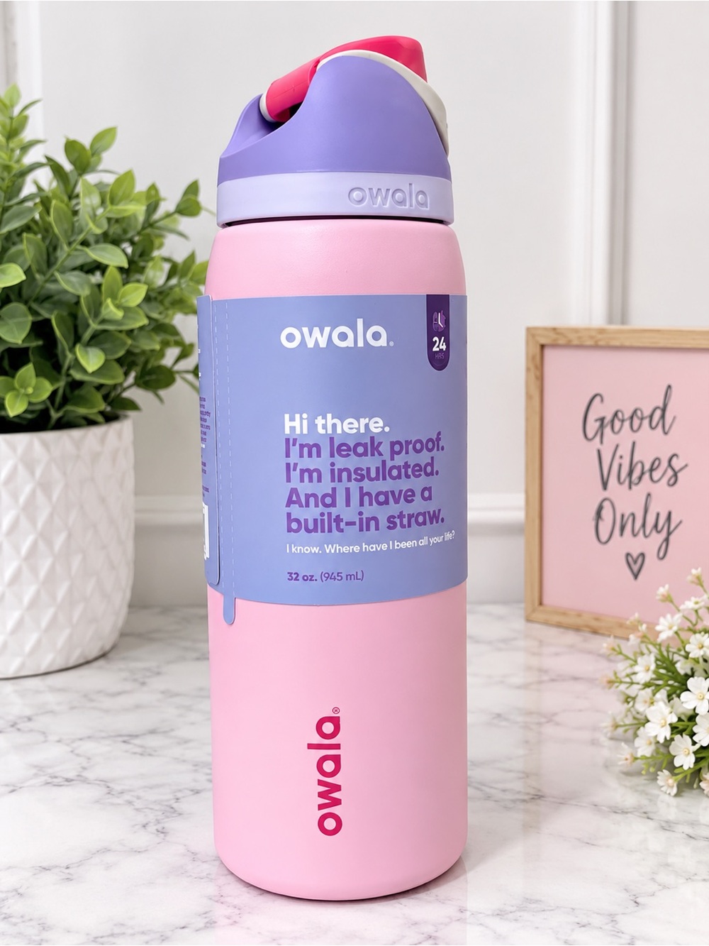 owala Insulated Women’s Water Bottle — Pink & Purple with Built-In Straw